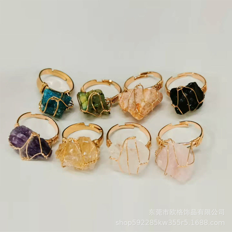 Anillo de herida de alambre hecho a mano de ágata natural irregular ajustable al por mayor